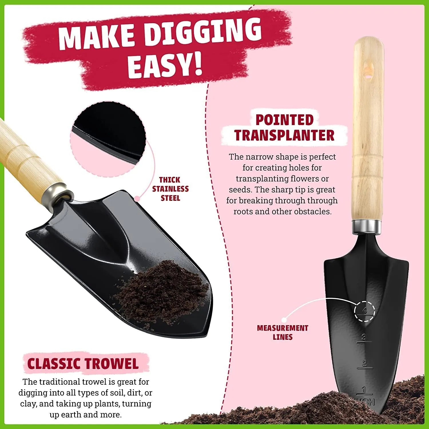 8-piece stainless steel gardening tool set with wooden storage box showing trowel, transplanter, weeder, cultivator, pruner, and digging fork