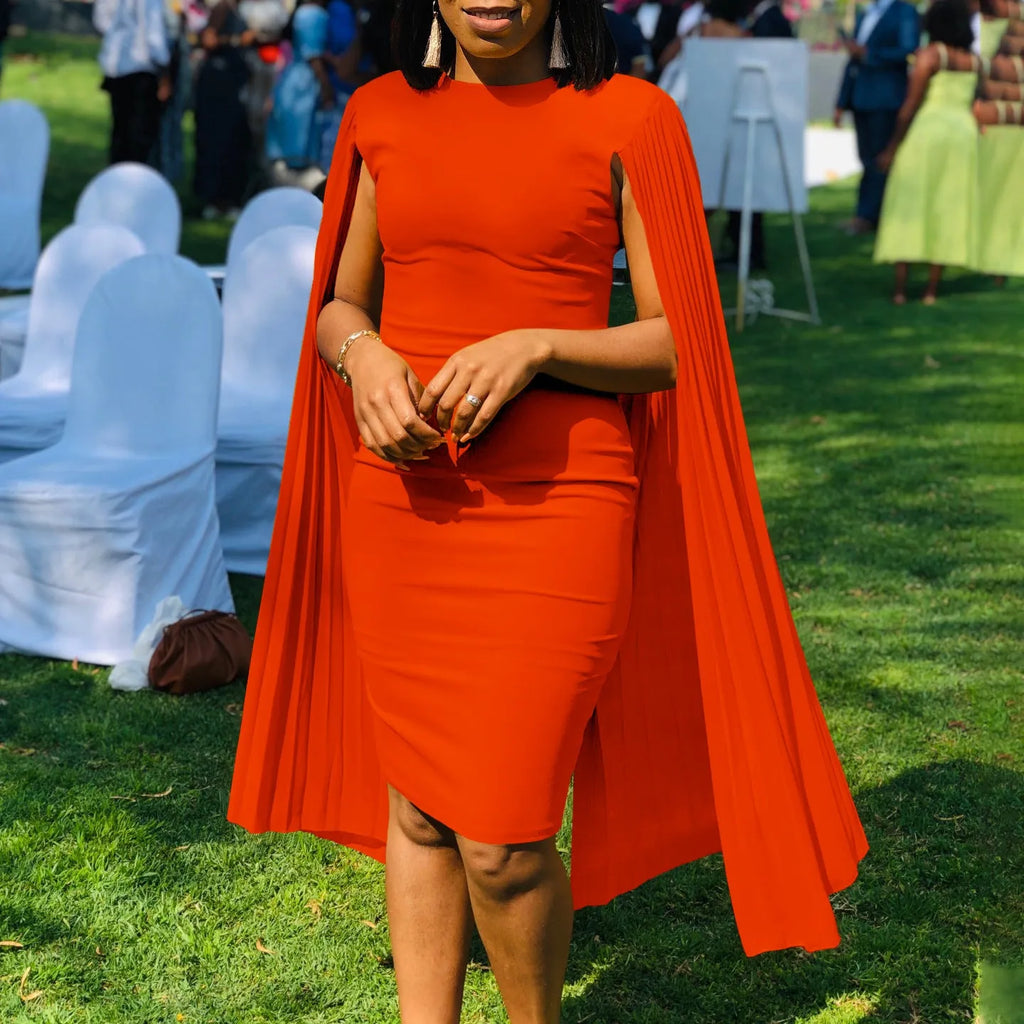 Round neck evening gown with high waist and long sleeves in polyester fabric