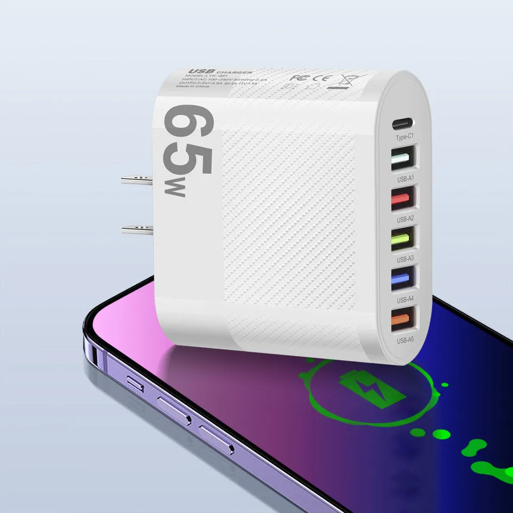 White mobile phone charging plug with USB Type-C port showing UK plug configuration