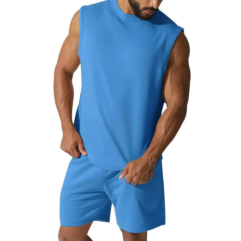Men's sleeveless cotton-blend top and matching shorts casual sports set in army green