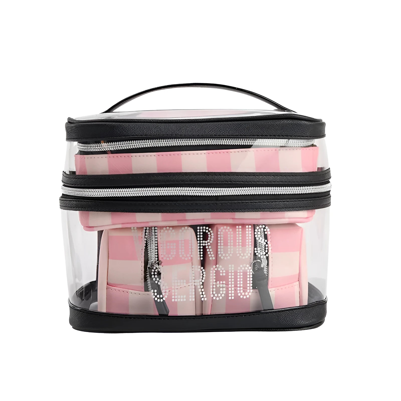 Pink bold stripes makeup bag with flower pattern, synthetic leather with waterproof lining, folding design