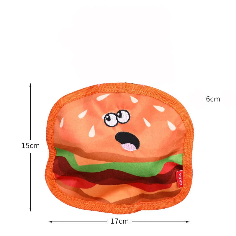 Hamburger-shaped dog toy with vivid colours featuring crinkle and squeaker sounds for interactive play