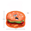 Hamburger-shaped dog toy with vivid colours featuring crinkle and squeaker sounds for interactive play
