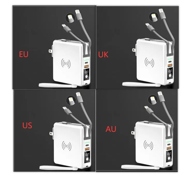 Super QI wireless charging power bank with built-in AC plug and international travel adapter in black or white colour