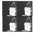 Super QI wireless charging power bank with built-in AC plug and international travel adapter in black or white colour