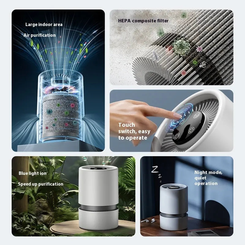 White EJ-JHQ101 desktop USB air purifier with simple style on a desk.