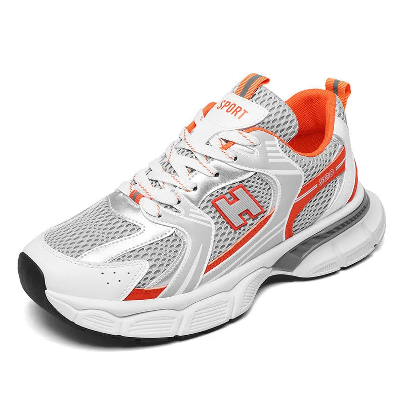 Men's mesh casual running shoes in black, white orange, and white grey with round toe and plastic soles