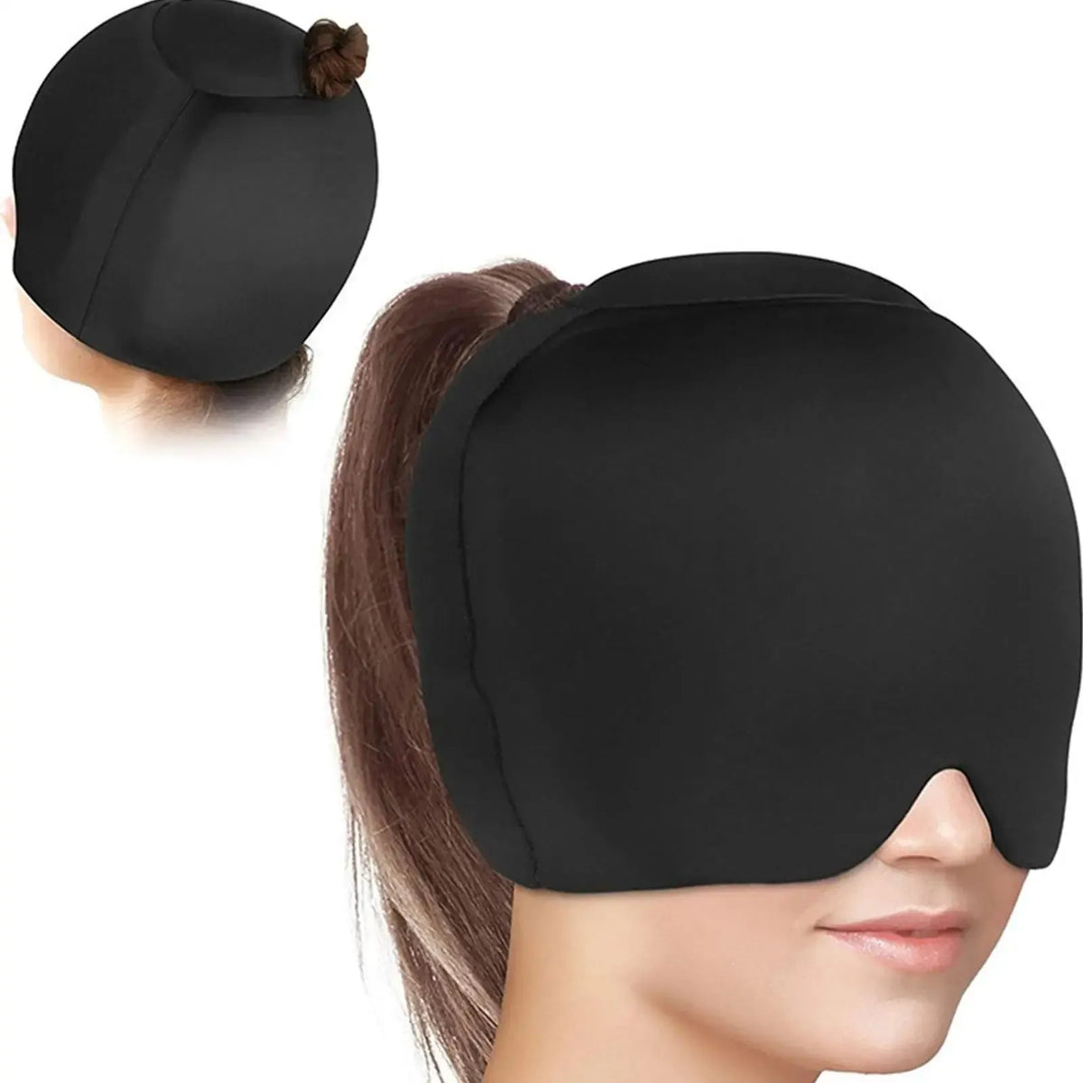 Simple solid colour cold compress cap with fully enclosed design shown in black, pink, and dark blue options