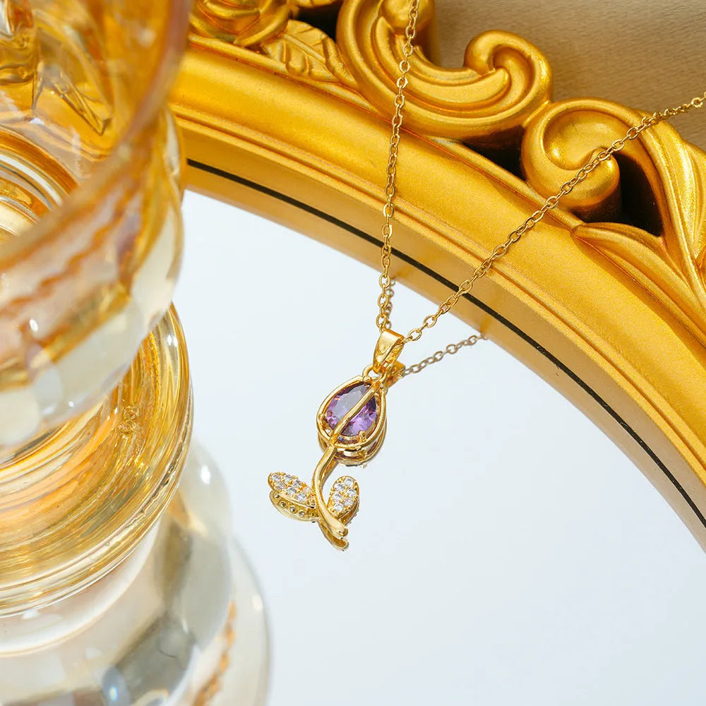 Zircon tulip necklace for women with electroplated gold-tone finish on titanium steel chain