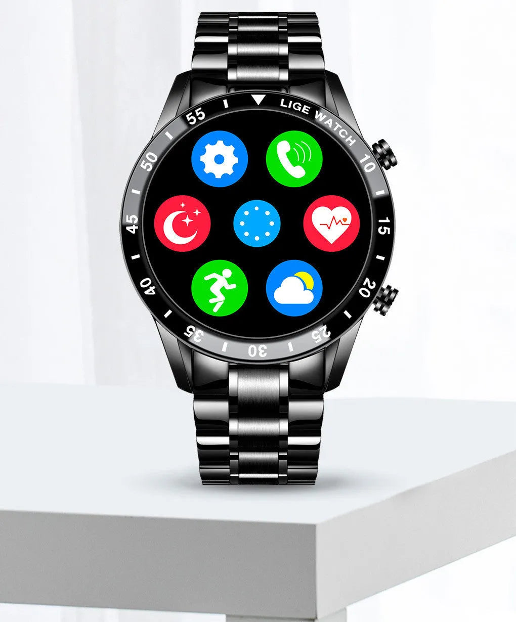 Smart watch with stainless steel wristband and 1.3-inch touch screen display