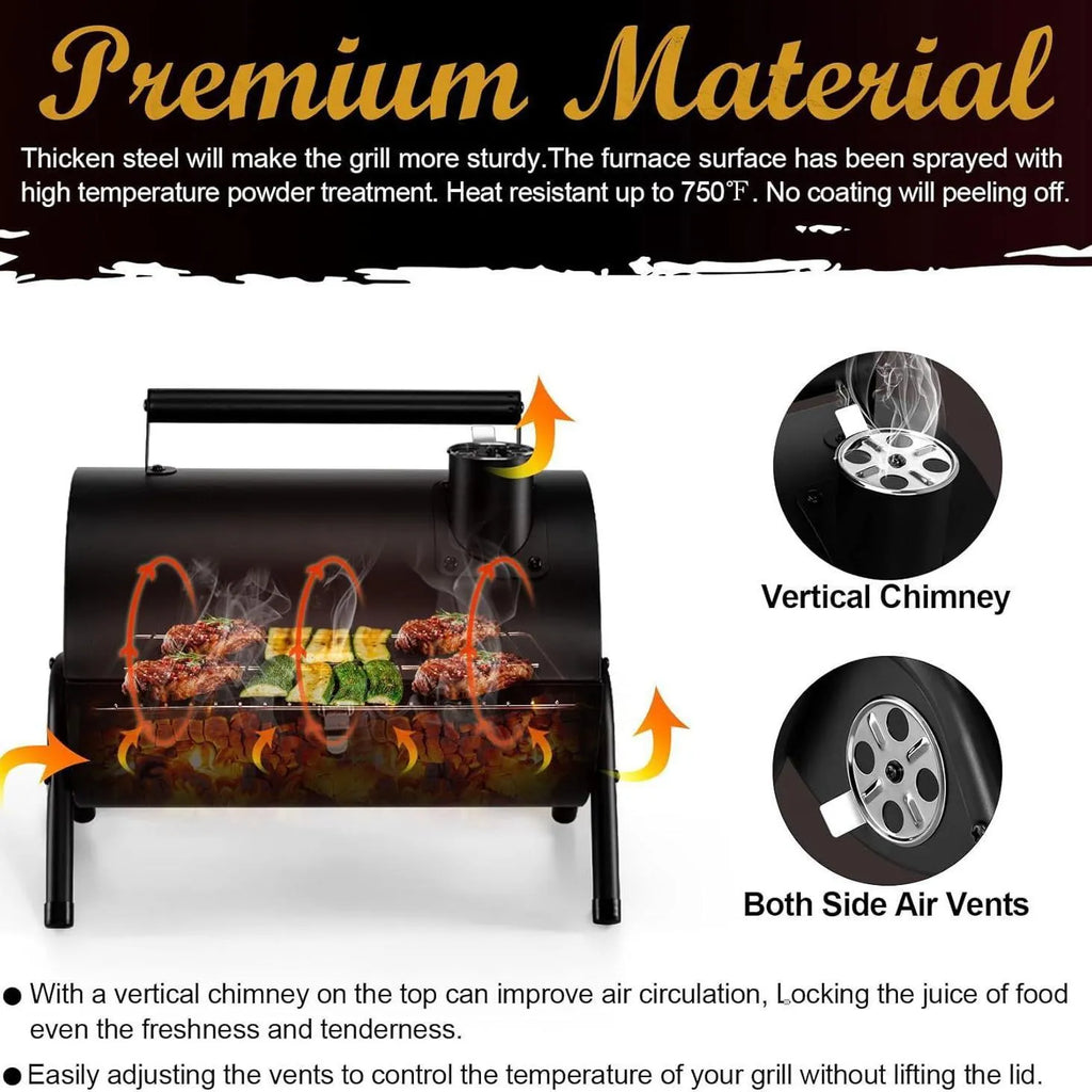 Small portable folding desktop charcoal barbecue grill with a metal cooking surface.