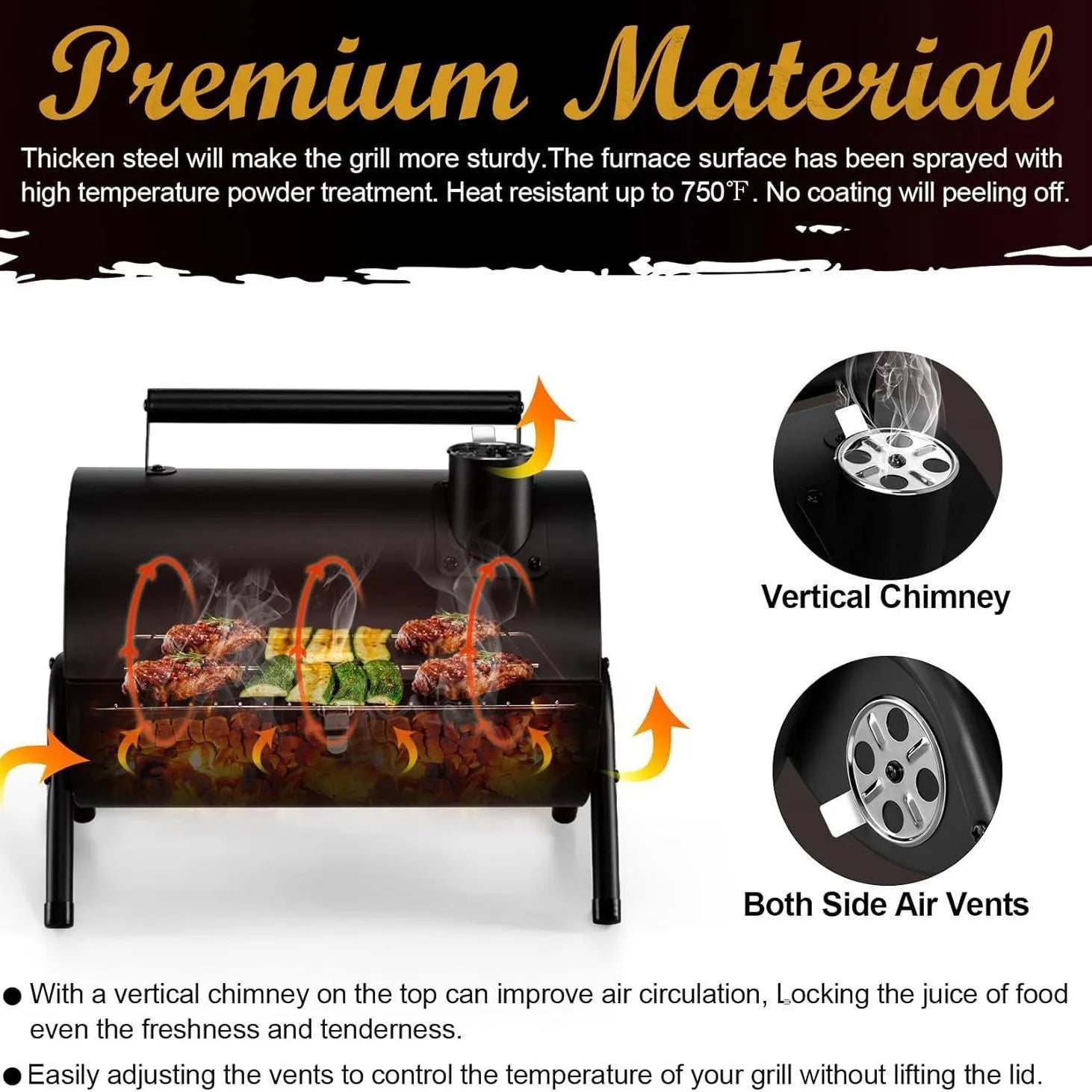 Small portable folding desktop charcoal barbecue grill with a metal cooking surface.