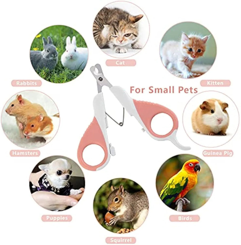 Grey and pink cat nail clippers with safety lock and angled stainless steel blade for pet grooming.