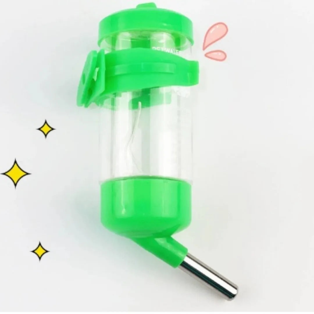 Green plastic ball kettle pet water feeder with leak-proof design for small animal cages.