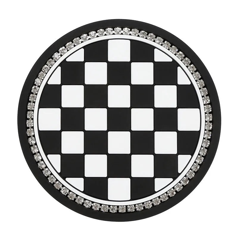 PVC car cup holder mat with decorative coaster design inserted in vehicle drink slot