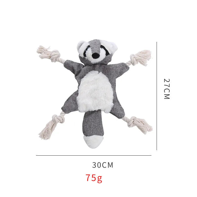 Brown plush fox dog toy with cotton rope limbs, embroidered eyes, and a squeaker in the head.
