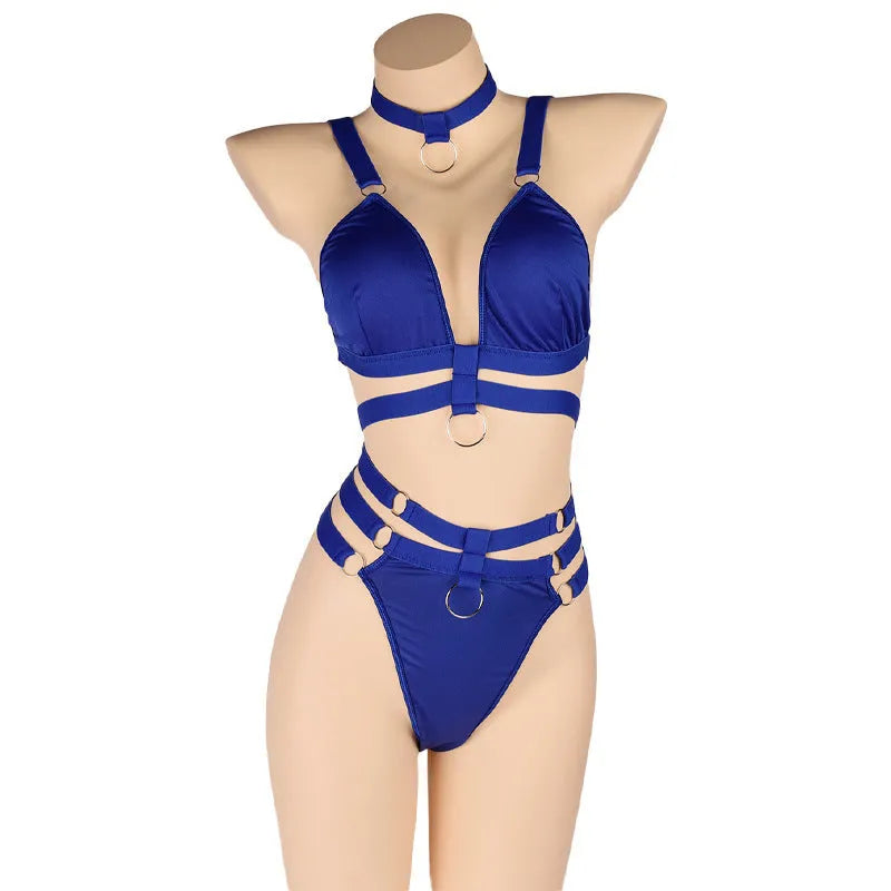 Women's two-piece bikini set in black, red, or blue, polyester fabric with nylon lining, free size