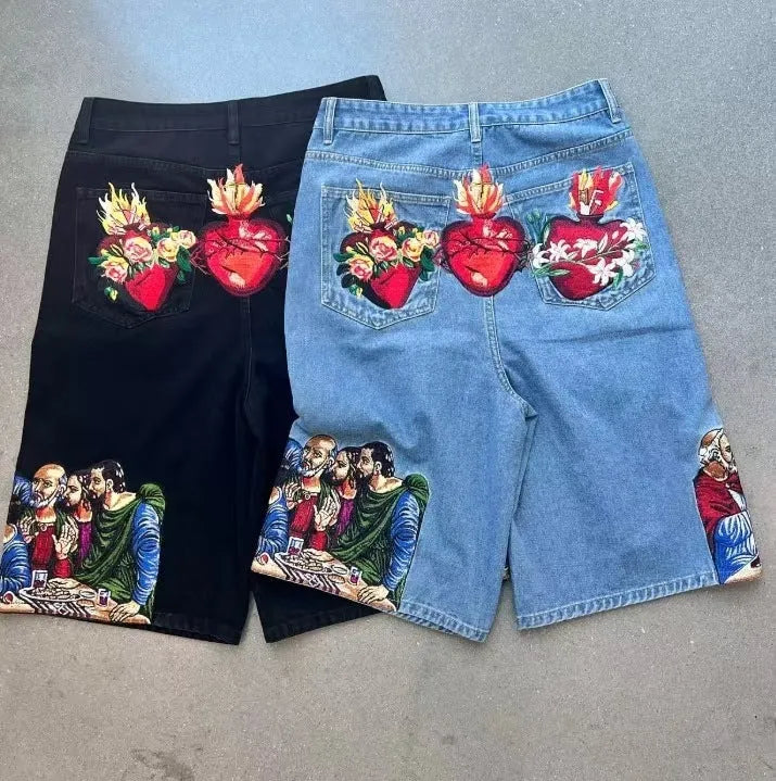Men's blue cotton tapered shorts with Jesus print on back pocket