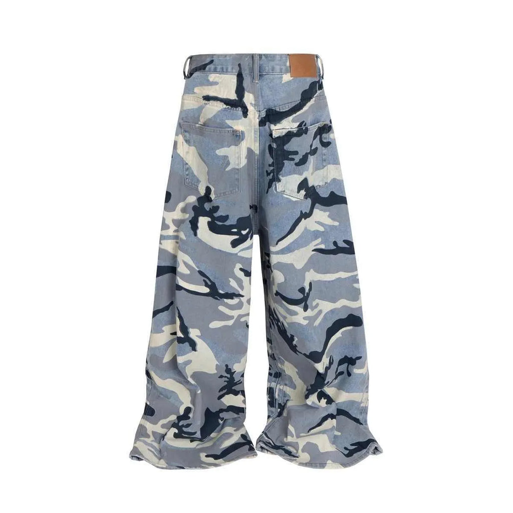 Snow camouflage blue loose-fit jeans with a mid waist on a hanger