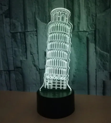 3D Leaning Tower of Pisa acrylic nightlight on black base with multi-colour LED illumination.