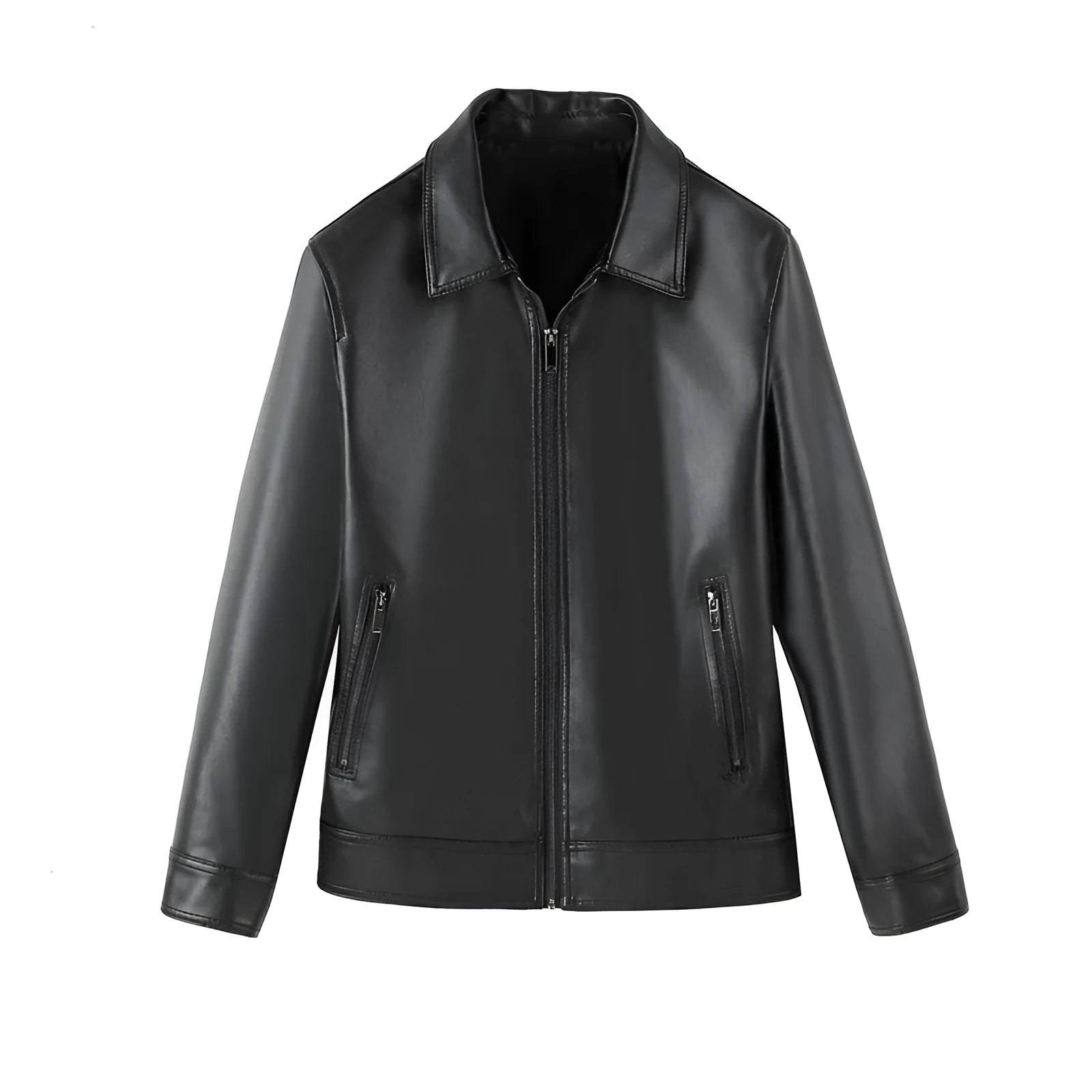 Men's black PU leather casual jacket with zipper pockets shown on a model.