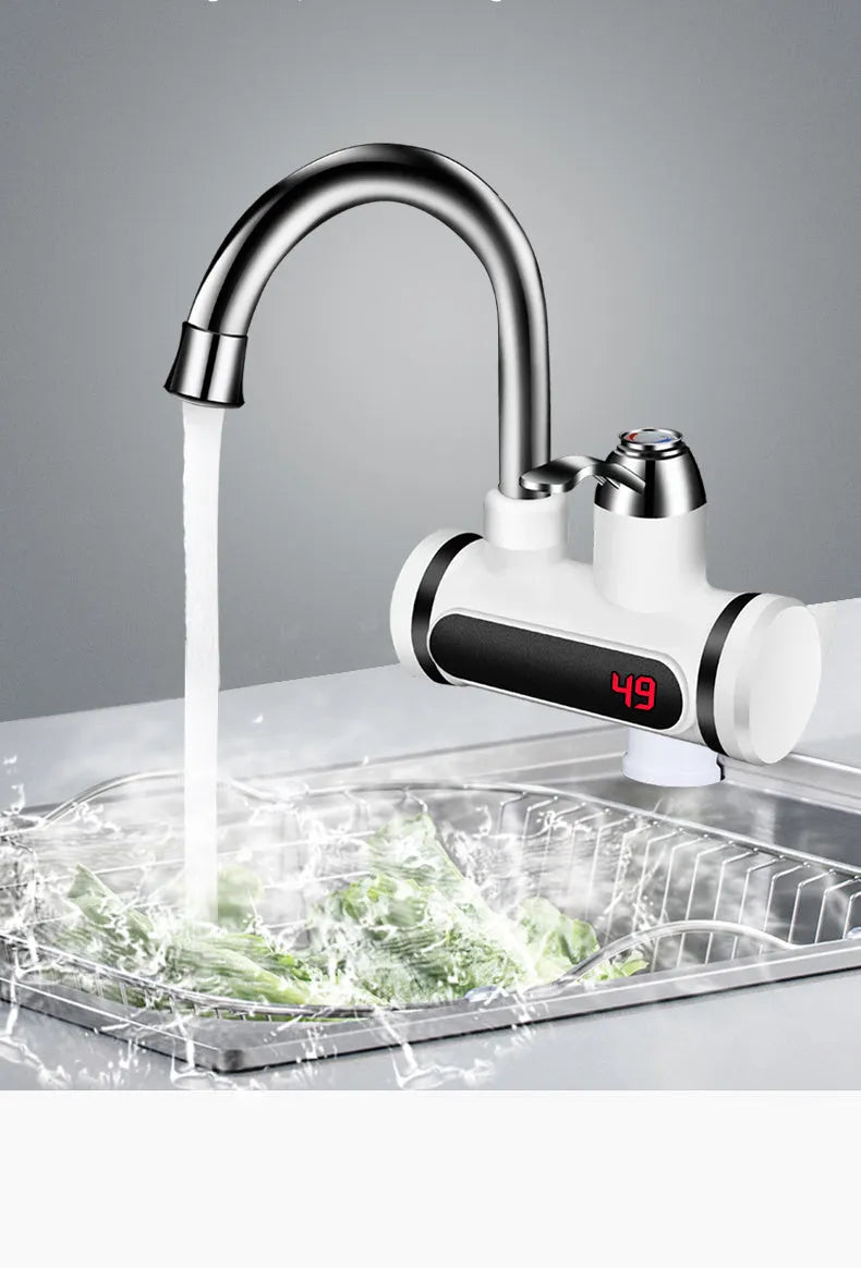 White electric water heater with digital temperature display for kitchen installation