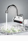 White electric water heater with digital temperature display for kitchen installation