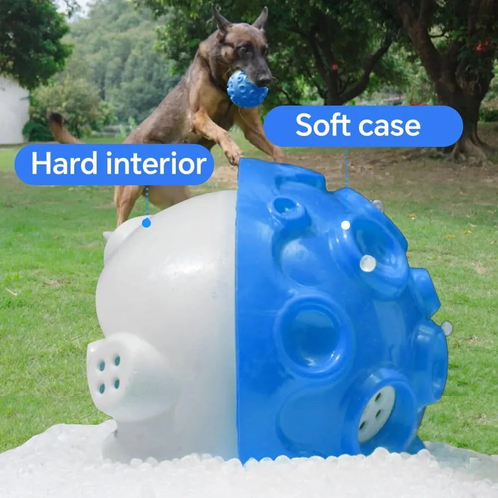 Colourful natural rubber dog chew ball with textured surface and meteorite-shaped bumps
