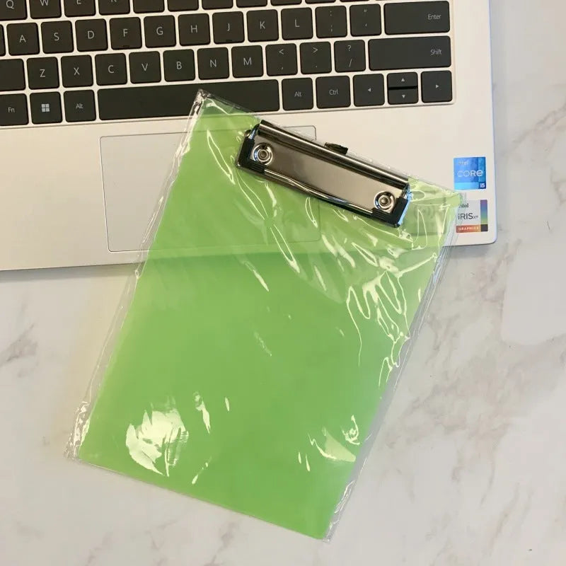 A4 transparent plastic writing board holder with metal clip in multiple colour options
