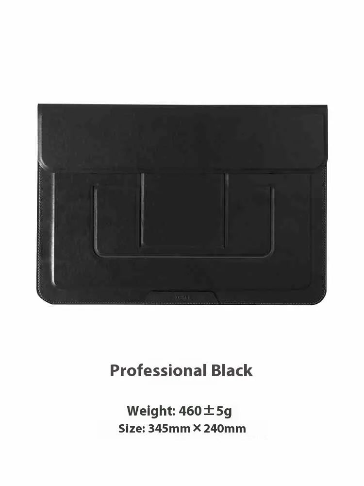 Brown plastic dual-angle laptop bag bracket holding a 13.3-inch laptop sleeve on a desk.