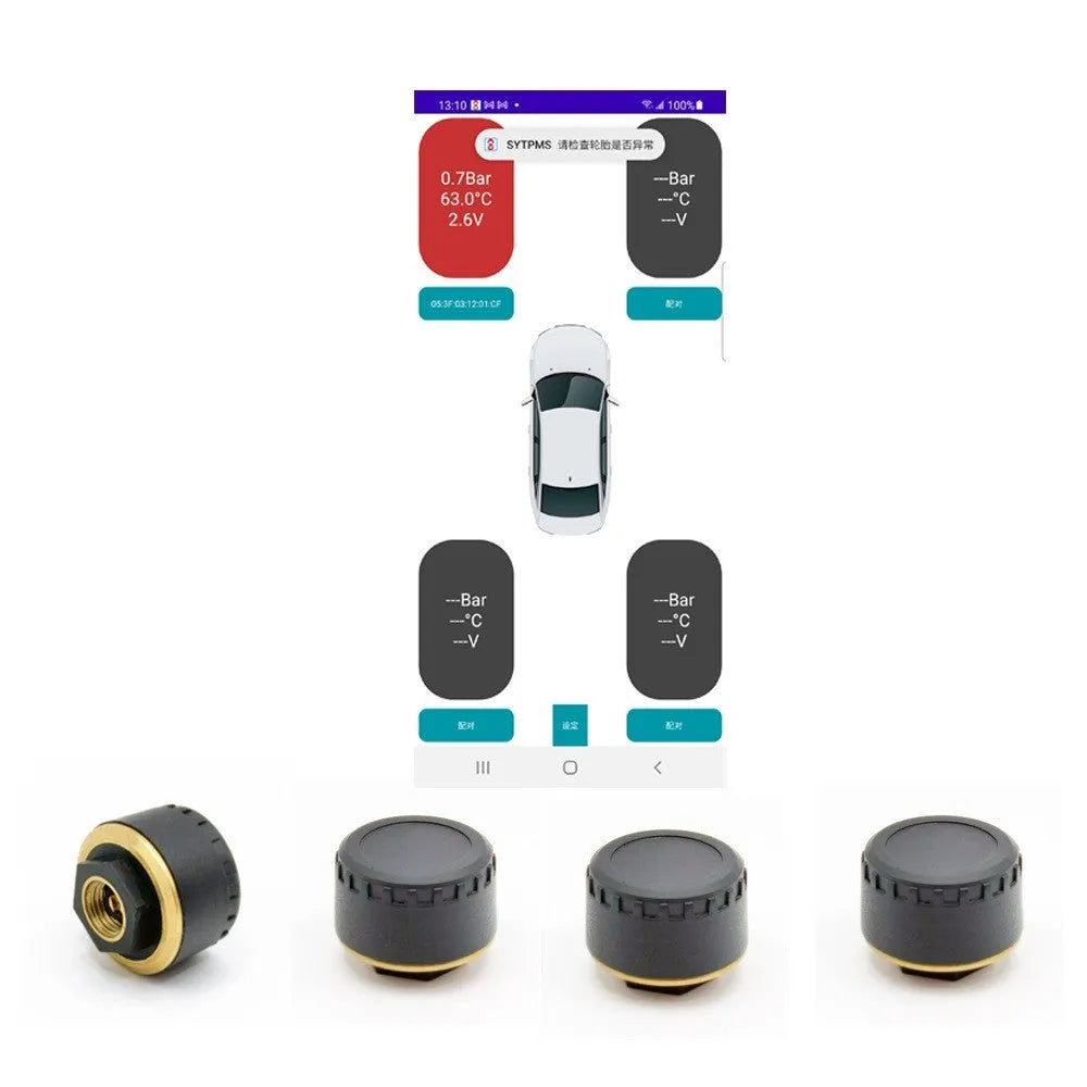 Four black Bluetooth tyre pressure monitors for mobile phone app display.