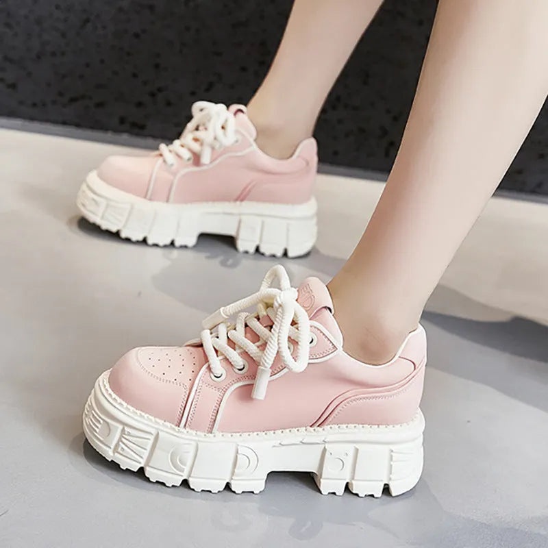Women's beige and pink leather casual shoes with spring muffin bottom sole for height increase