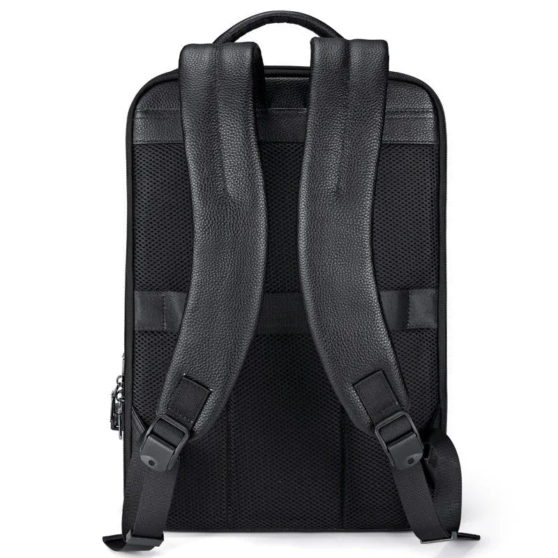 Men's black leather business computer backpack with curved shoulder straps