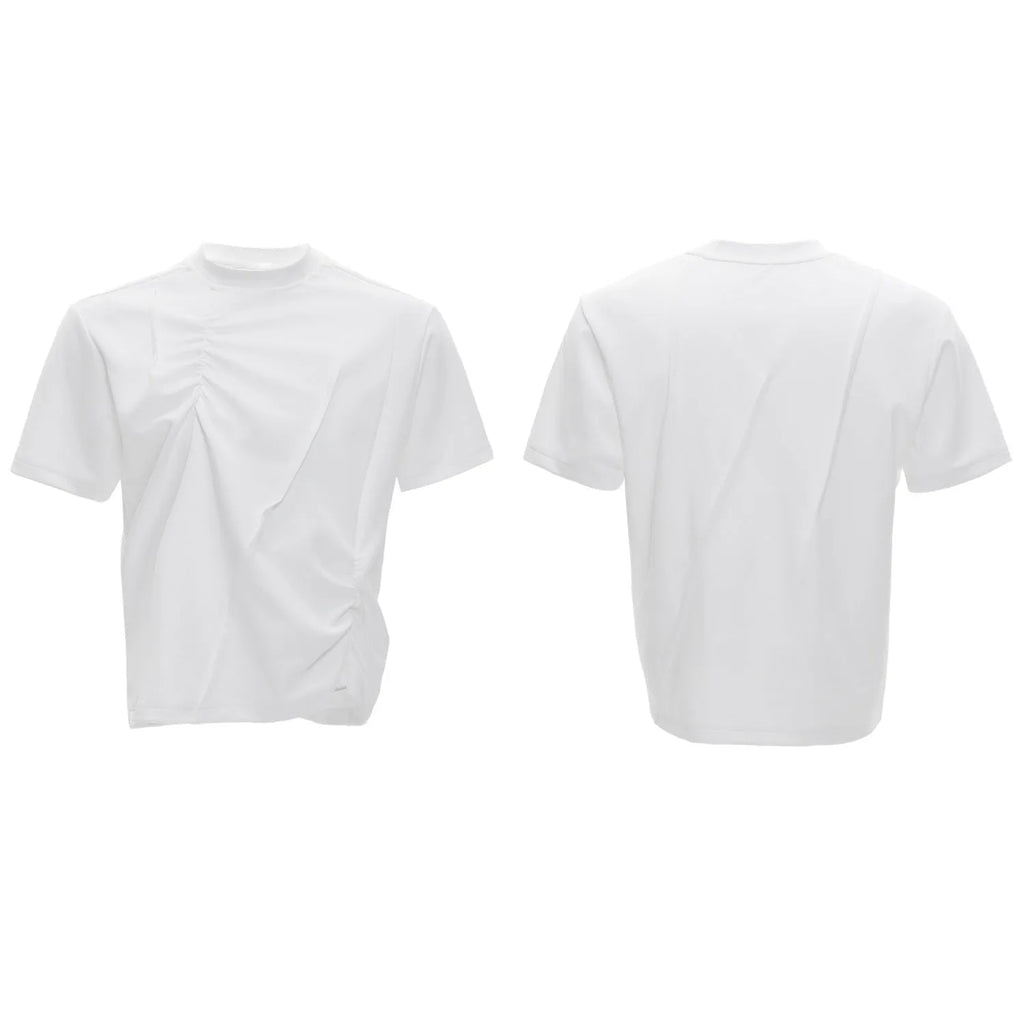 Men's loose fit cotton T-shirt with three-dimensional pleated design in solid colour options