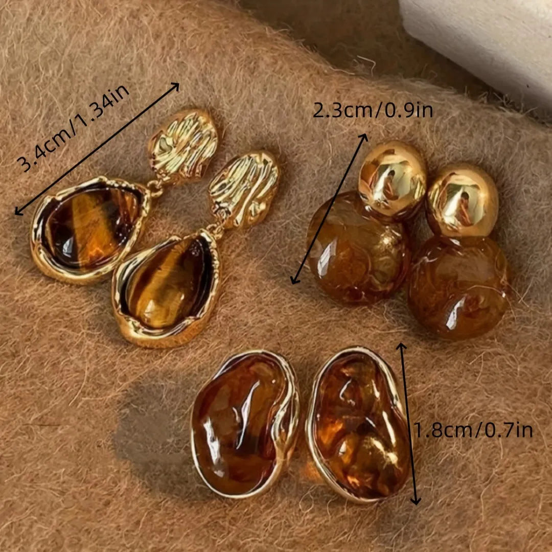 Handmade alloy geometric ear rings with electroplating in Maillard Amber and Tigereye styles featuring tassel details