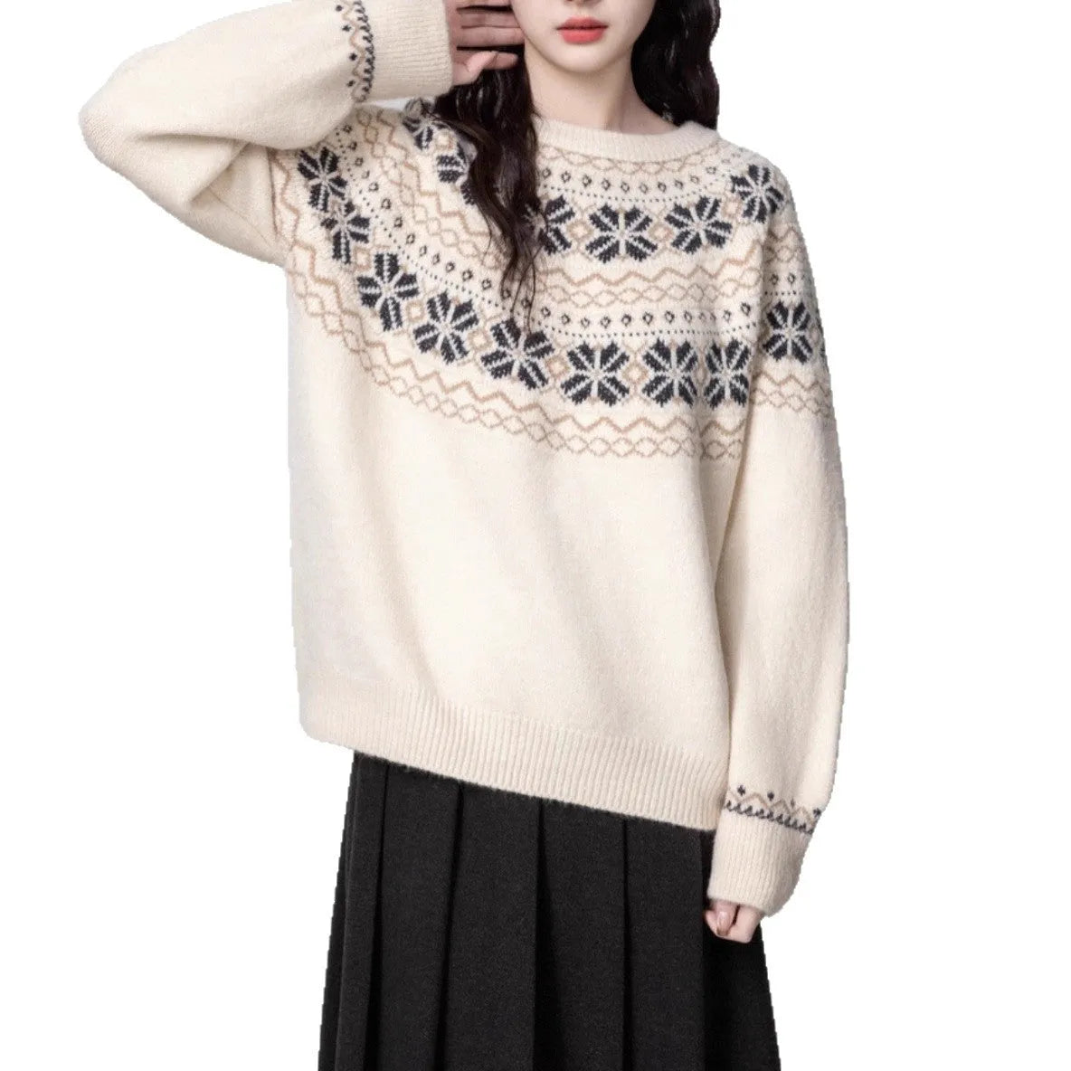 Women's milky white fair isle pullover sweater with geometric knitting pattern and crew neckline