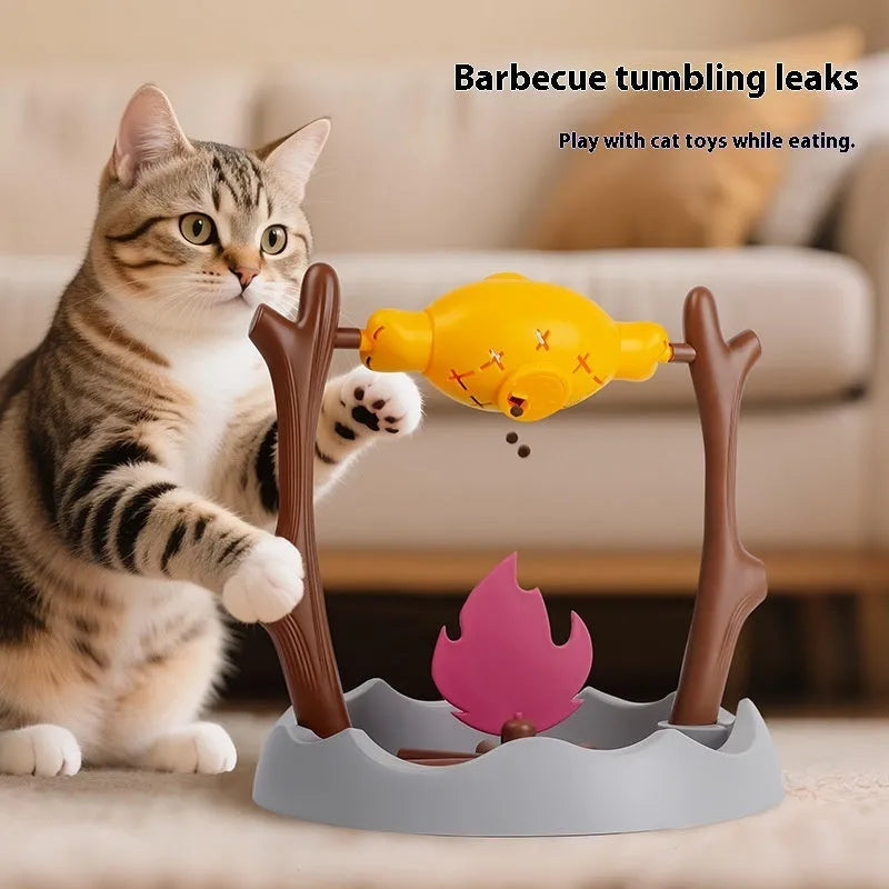 Barbecue-shaped plastic cat feeder toy measuring 30x30x29cm for dispensing freeze-dried treats