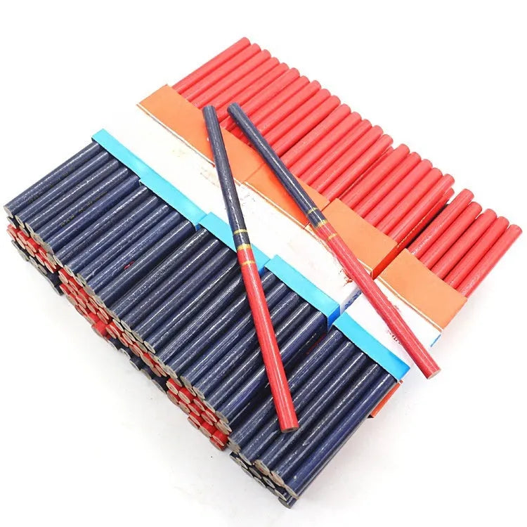 Red and blue two-colour carpenter's pencils with wooden round shells in 10-piece pack