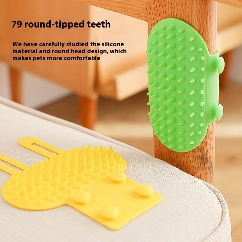 Adjustable silicone cat scratching grooming brush in black, mounted on a table leg.