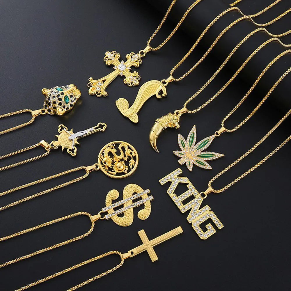 Gold geometric pendant necklace with zircon stones for women