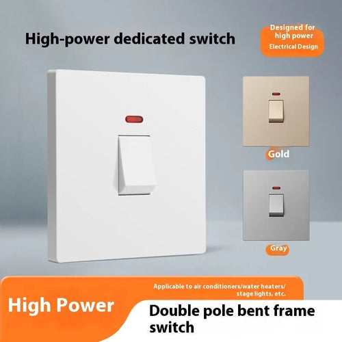 High-current illuminated switch for appliances in gold, grey, or white finish showing on/off light panel.