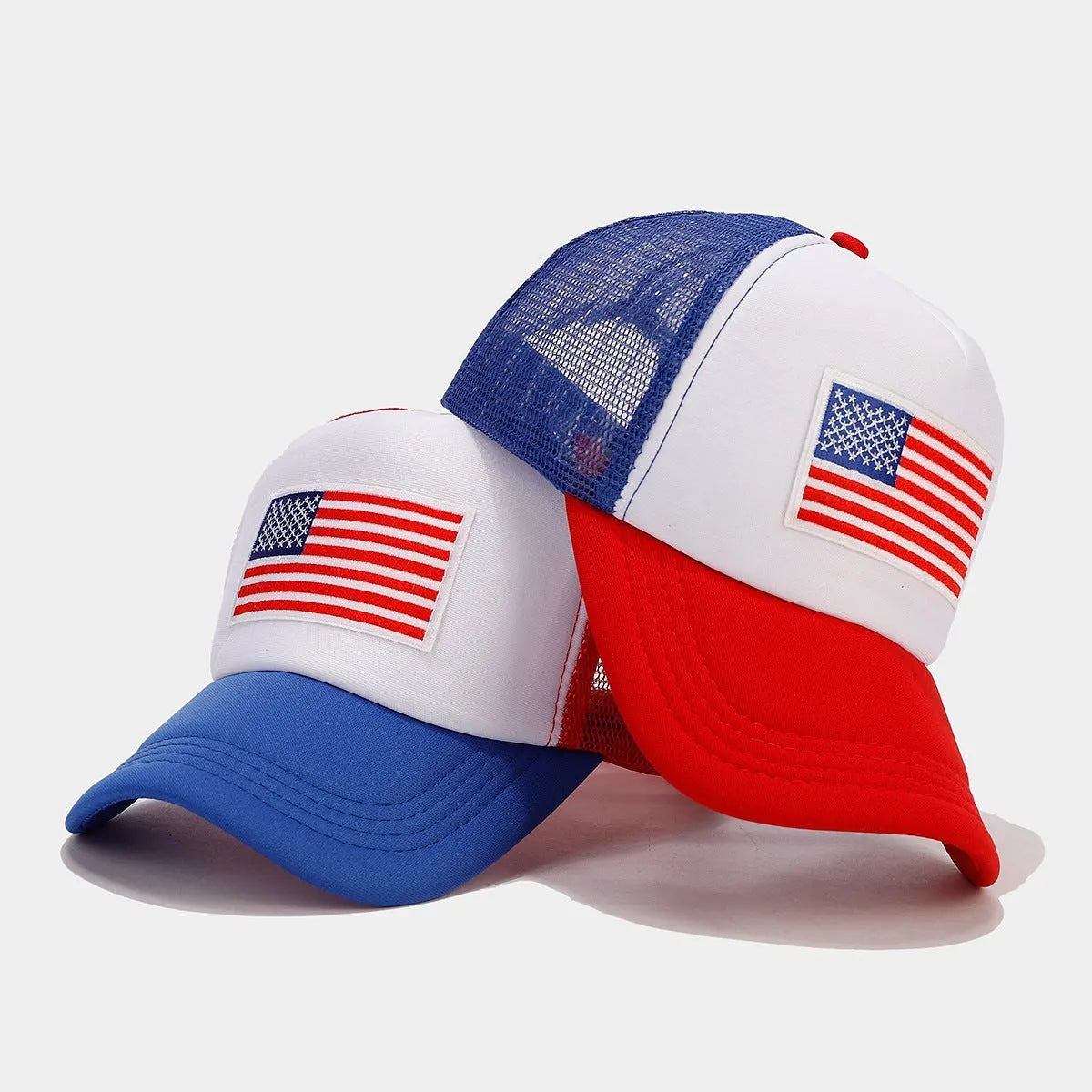 Red and blue contrast mesh baseball cap with adjustable closure and dome crown