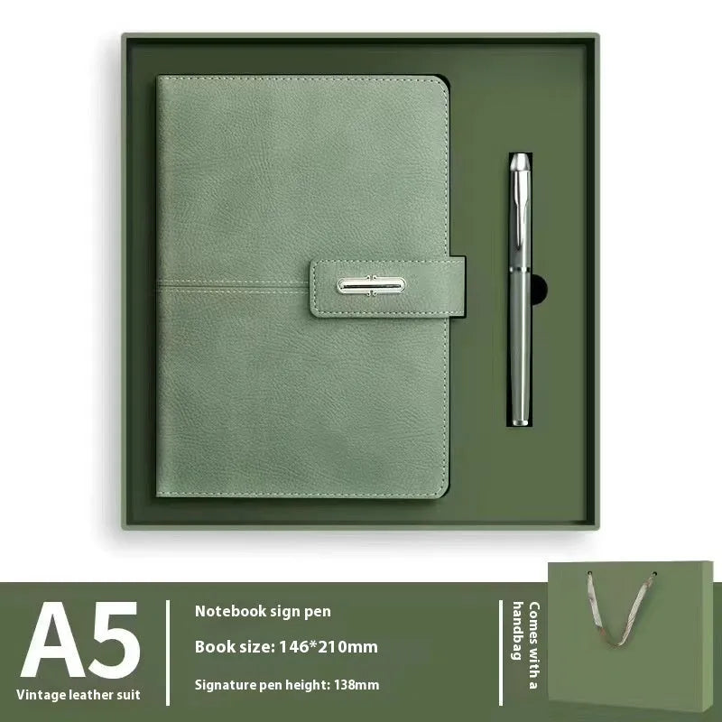 A5 notebook with PU leather cover shown in multiple colour options including black, red, green, blue, and orange.