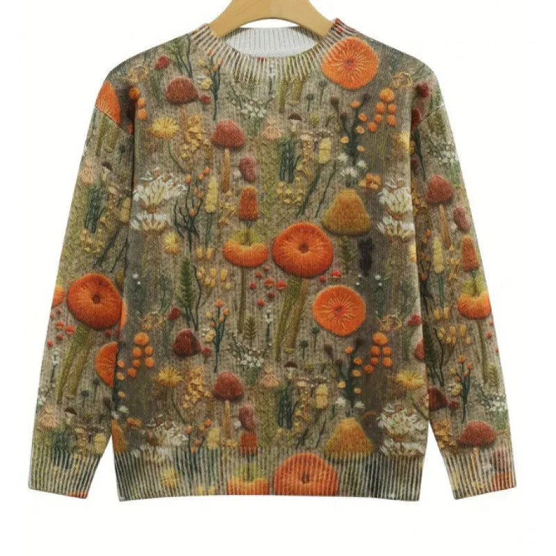 Digital printed little flower pattern round neck sweater in polyester fabric