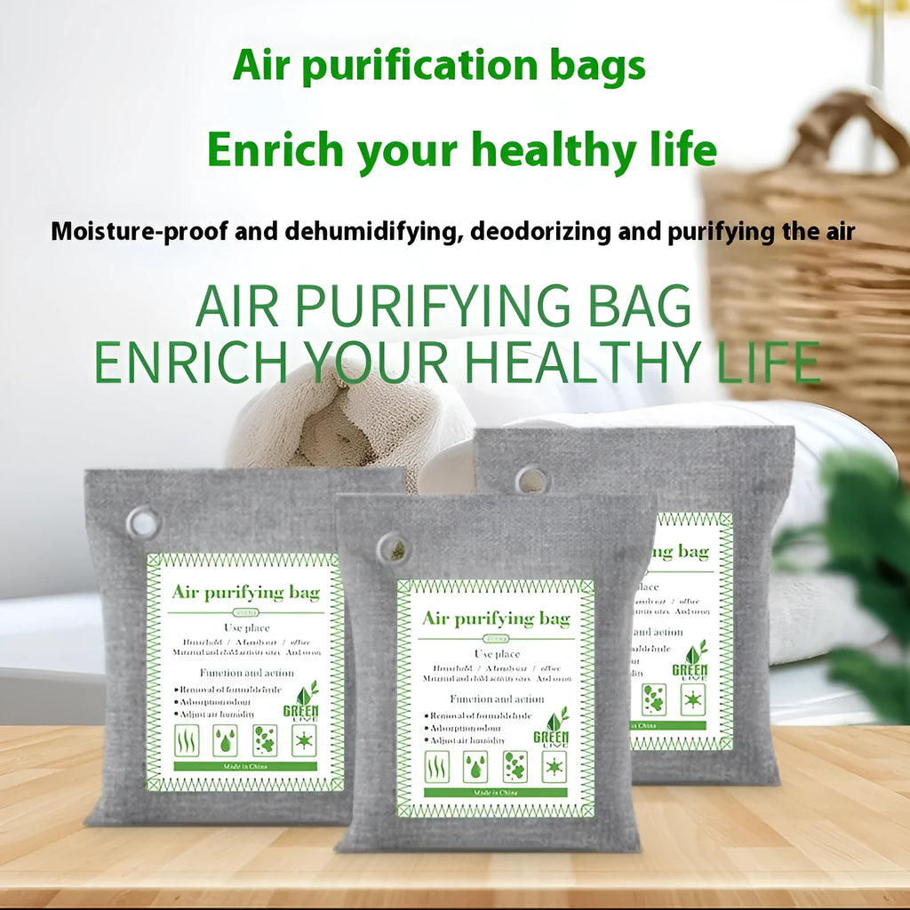 Sewn fabric bag filled with black bamboo charcoal granules for air purification.