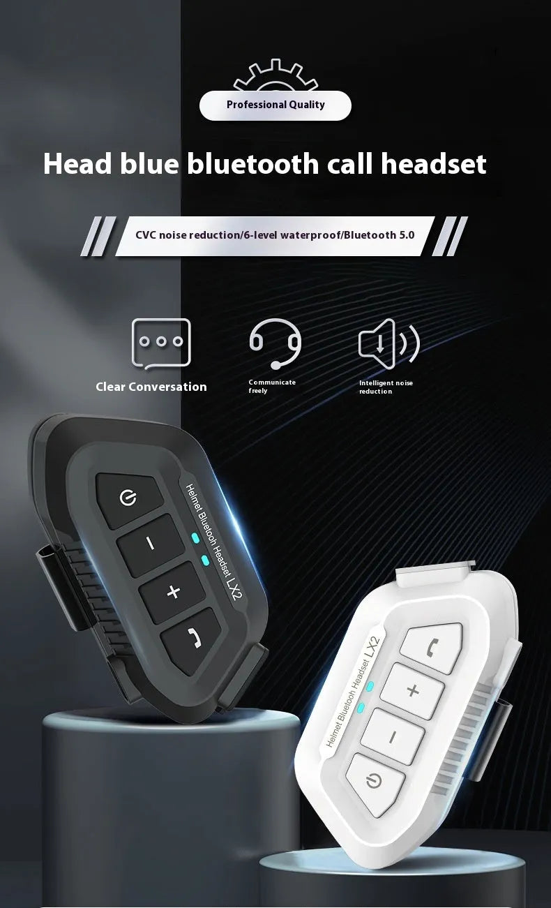 Bilateral stereo wireless rider headset in black or white with ATS chip, 15 metre range, and 25 hour battery