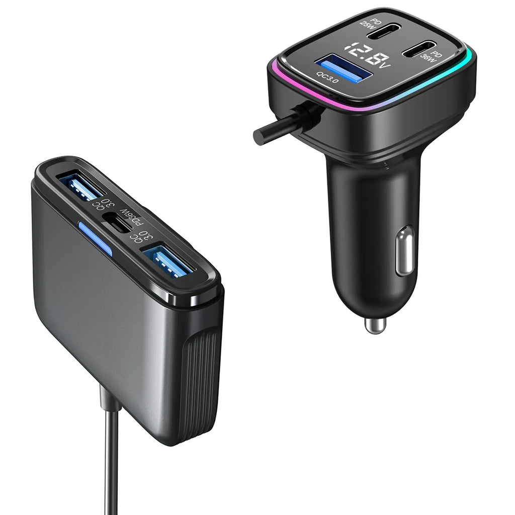 GE01 car charger with 115W output, 12-24V input, ABS PC body, 4.1x3.45x7.4cm size