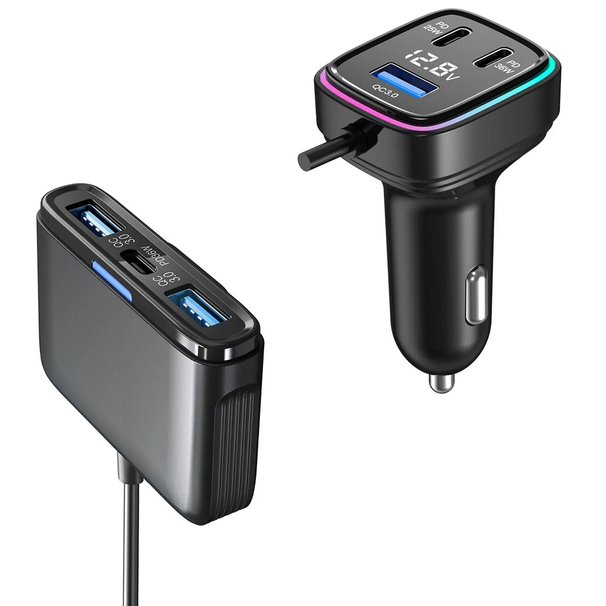 GE01 car charger with 115W output, 12-24V input, ABS PC body, 4.1x3.45x7.4cm size