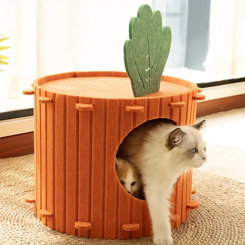 Carrot-shaped grey felt cat tunnel nest with circular entrance holes, shown in medium and large sizes.