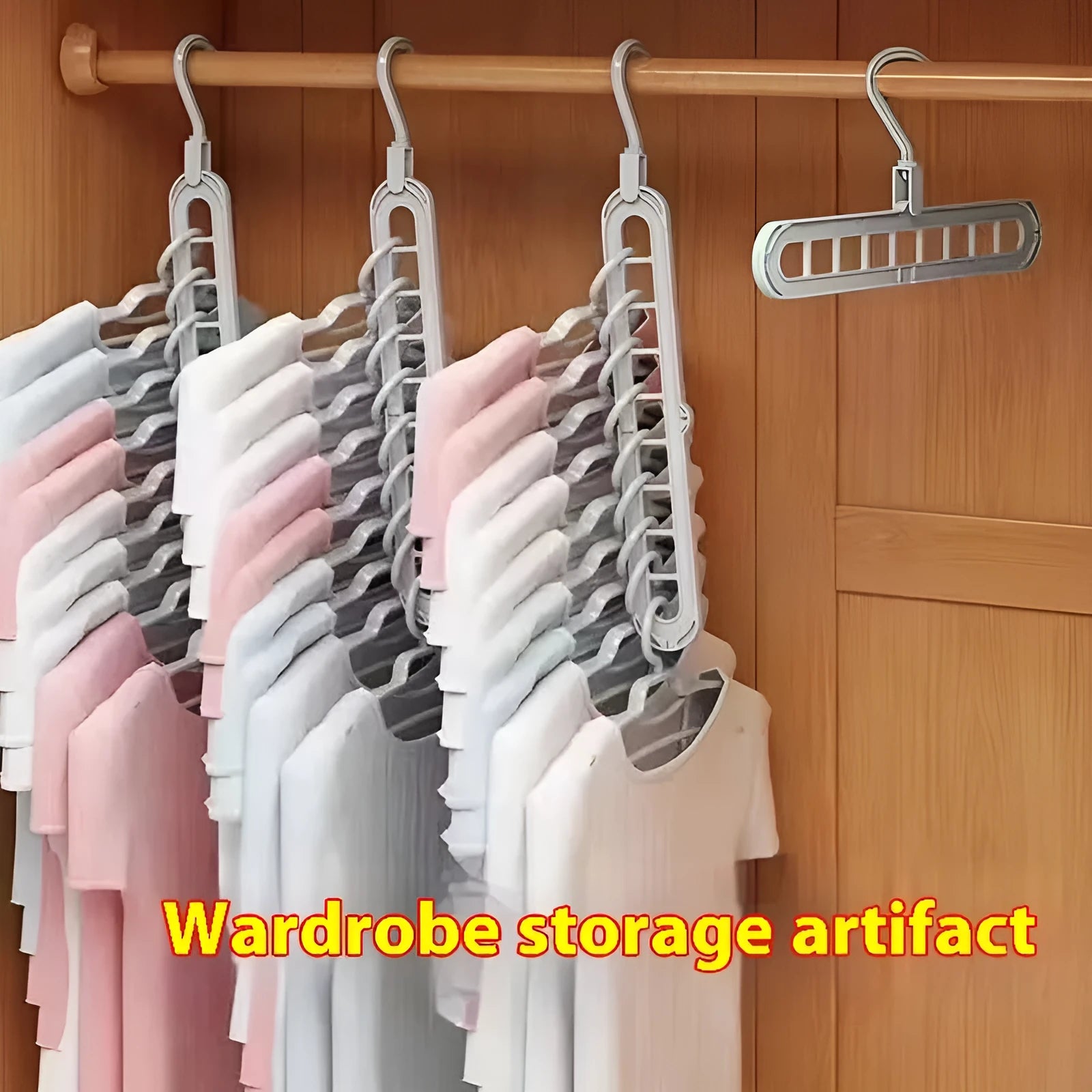Modern plastic nine-hole folding hanger for trousers in green, blue, pink, beige, or grey.